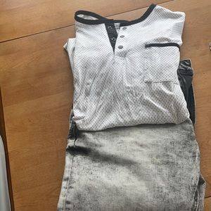 Large Henley button fade Polk dot shirt with jeans